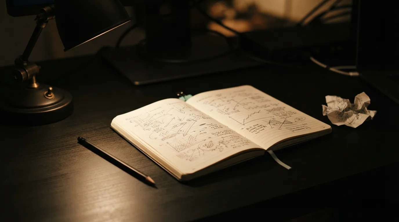 Carnet ouvert sous une lampe, un brouillon froissé poussé de côté
