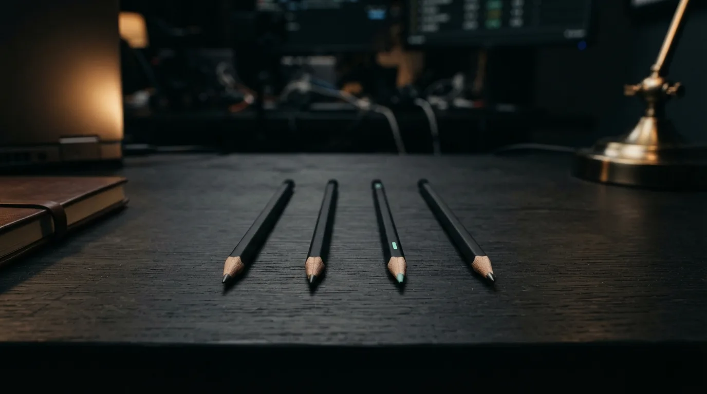Quatre crayons noirs alignés, une marque verte sur le troisième