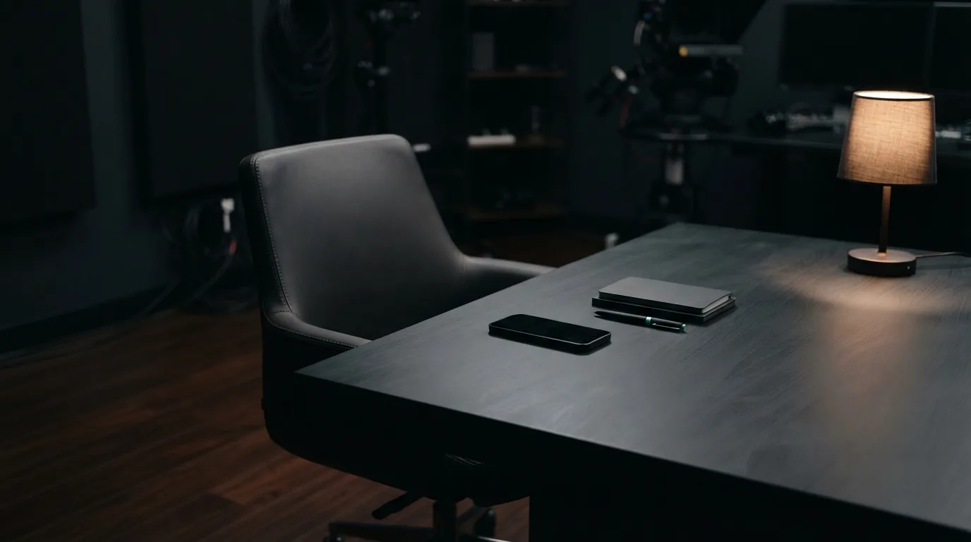 Chaise reculée, téléphone face contre le bureau, pause