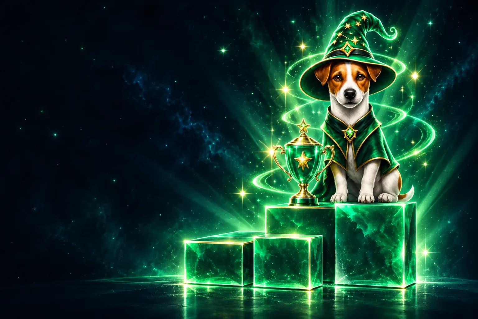 Chien magicien assis sur un podium émeraude à côté d'un trophée
