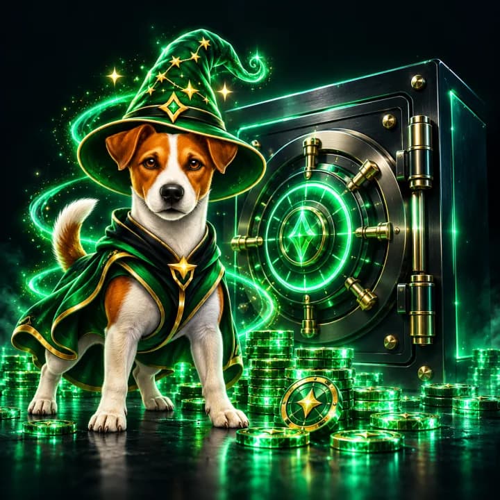 Chien magicien devant un coffre-fort et des jetons verts
