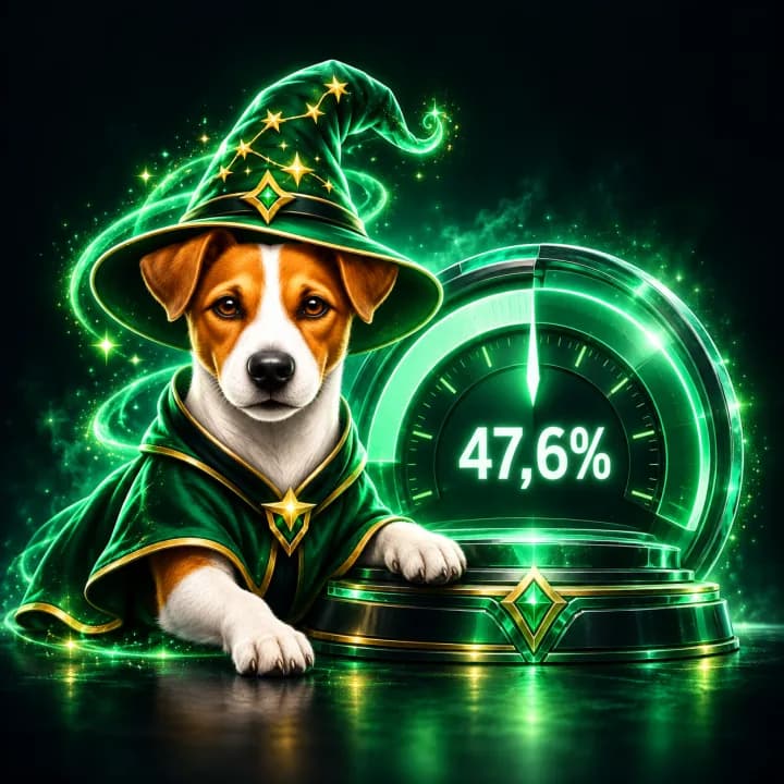 Chien magicien devant un compteur affichant 47,6 %