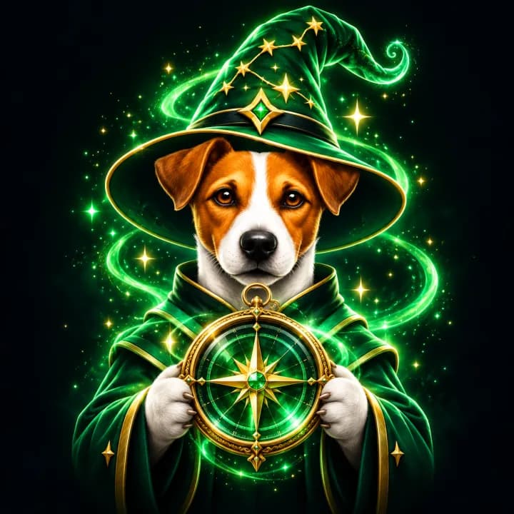 Chien magicien tenant une boussole dorée