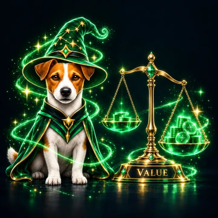 Chien magicien assis près d'une balance dorée marquée VALUE