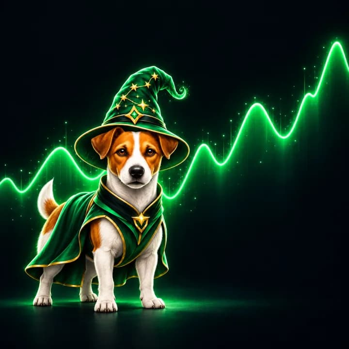 Chien magicien devant une courbe verte qui oscille